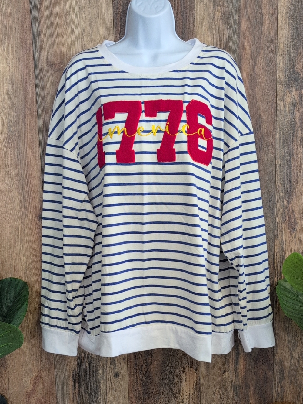 Striped Long Sleeve Shirt 'America 1776' Graphic Patriotic USA 2XL W341